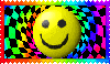 spinning smiley on a psychadelic rainbow background